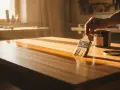 Mano che applica la finitura legno su un tavolo con un pennello, creando una superficie lucida e protetta.