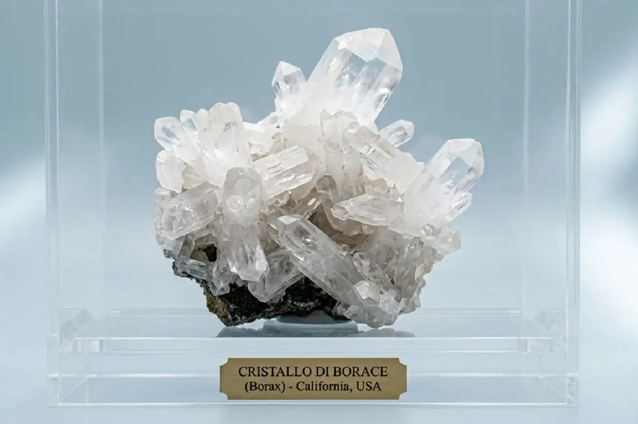 Cristallo di borace, un minerale trasparente e brillante, esposto in una teca. Cos'è il borace? Un sale di acido borico.