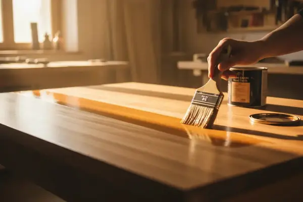 Mano che applica la finitura legno su un tavolo con un pennello, creando una superficie lucida e protetta.