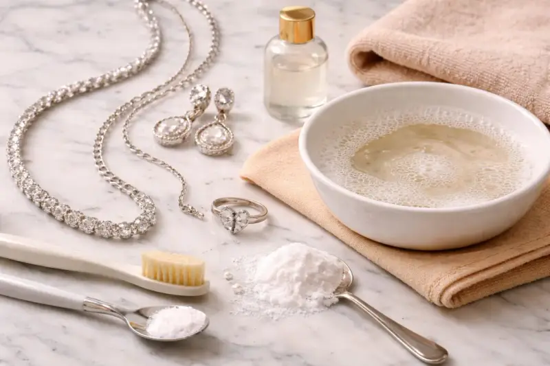 Set per come pulire l'argento gioielli: collana, orecchini, anello, bicarbonato, spazzolino e ciotola con acqua saponata.