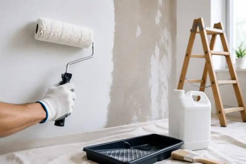Mano guantata stuccare una parete prima di pitturare con rullo. Attrezzi da lavoro e scala sullo sfondo.