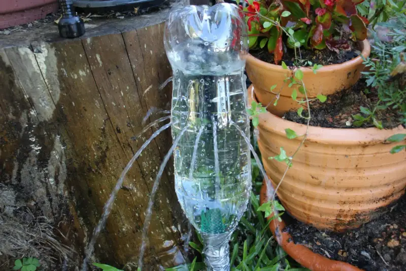Ingegnosa irrigazione a goccia senza corrente con bottiglie di plastica, che forniscono acqua alle piante in vaso.